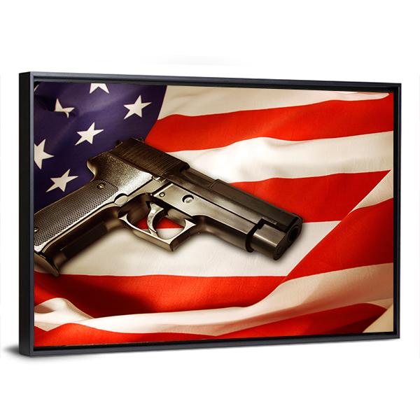 Gun Lying On American Flag Canvas Wall Art-3 Horizontal-Gallery Wrap-25" x 16"-Tiaracle