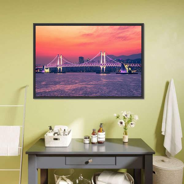 Gwangan Bridge At Night Busan Canvas Wall Art-1 Piece-Floating Frame-24" x 16"-Tiaracle