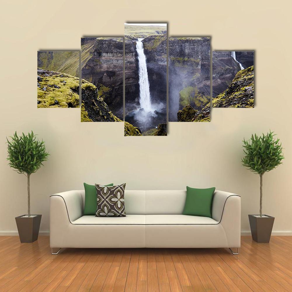 Haifoss Waterfall Canvas Wall Art-5 Star-Gallery Wrap-62" x 32"-Tiaracle