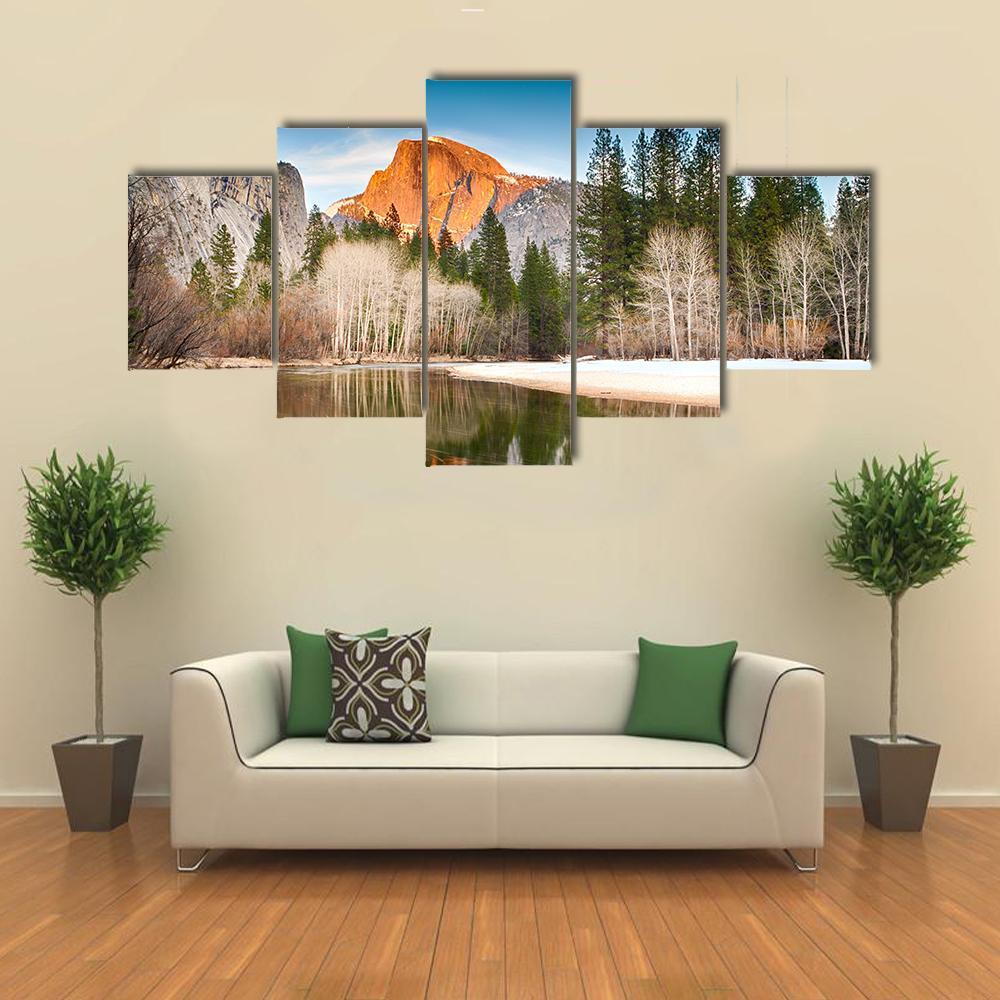 Half Dome In Merced River Canvas Wall Art-5 Star-Gallery Wrap-62" x 32"-Tiaracle