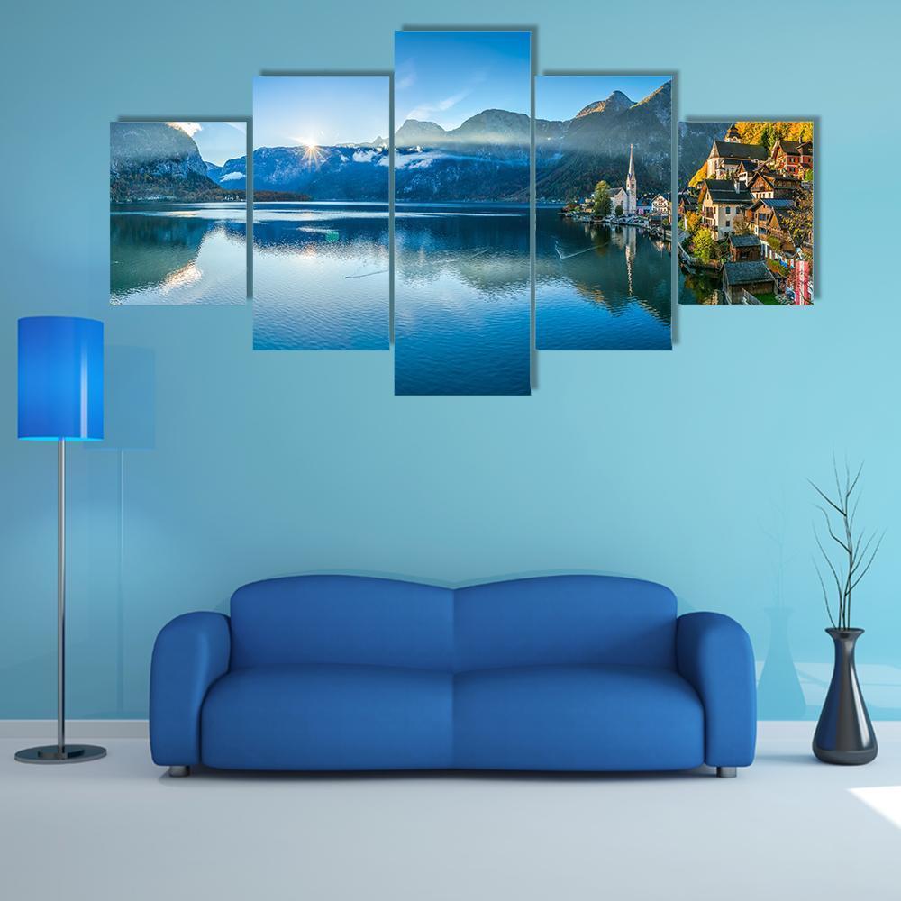 Hallstatt Mountain Village Canvas Wall Art-5 Star-Gallery Wrap-62" x 32"-Tiaracle