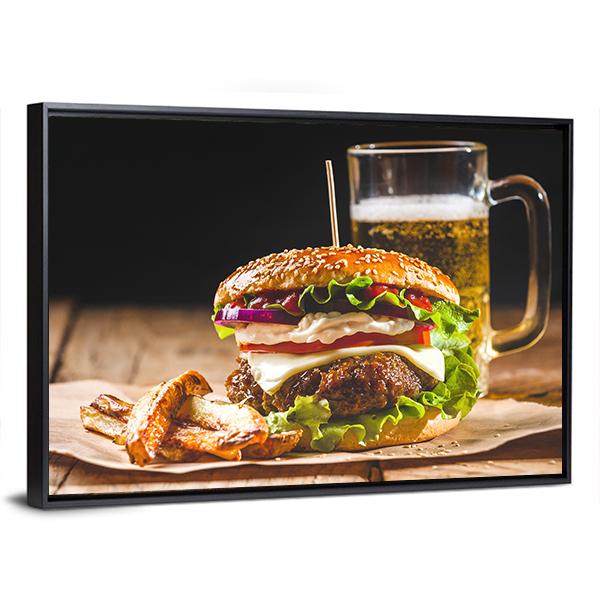 Hamburger With Juice Canvas Wall Art-3 Horizontal-Gallery Wrap-25" x 16"-Tiaracle