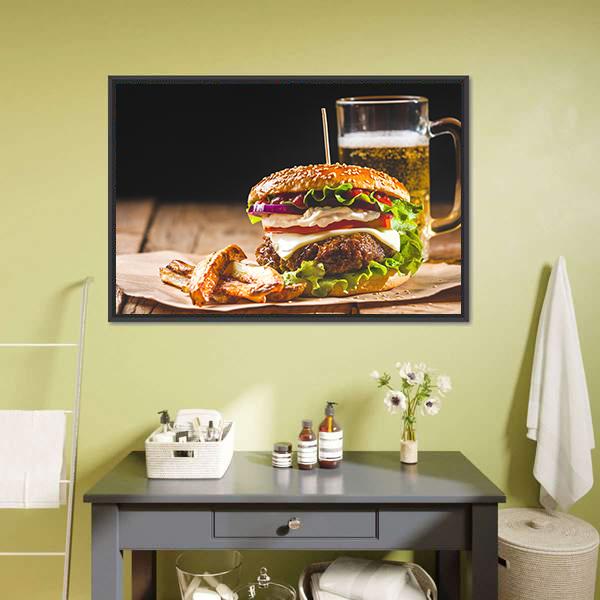 Hamburger With Juice Canvas Wall Art-1 Piece-Floating Frame-24" x 16"-Tiaracle