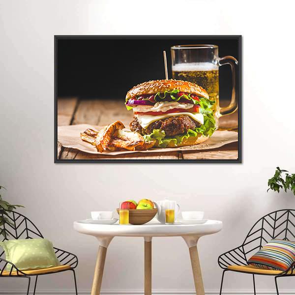 Hamburger With Juice Canvas Wall Art-3 Horizontal-Gallery Wrap-25" x 16"-Tiaracle