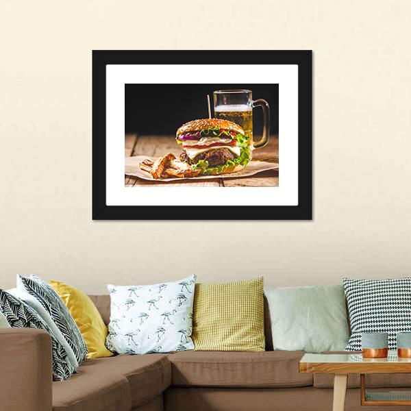 Hamburger With Juice Canvas Wall Art-3 Horizontal-Gallery Wrap-25" x 16"-Tiaracle
