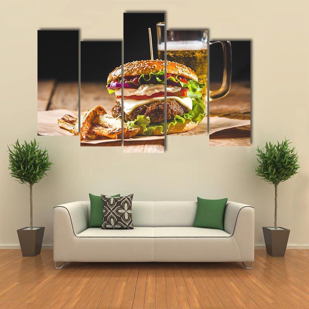 Hamburger With Juice Canvas Wall Art-5 Pop-Gallery Wrap-47" x 32"-Tiaracle