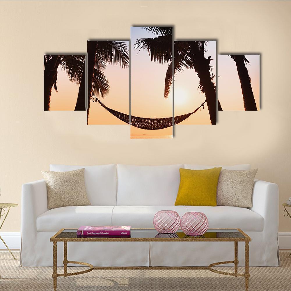 Hammock & Palm Trees Canvas Wall Art-5 Star-Gallery Wrap-62" x 32"-Tiaracle