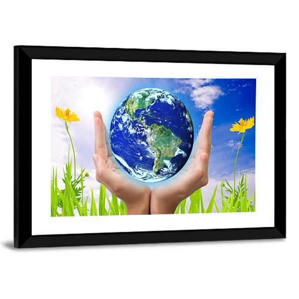 Hand Holding Planet Earth Canvas Wall Art-5 Horizontal-Gallery Wrap-22" x 12"-Tiaracle