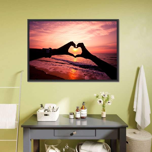 Hand In Heart Shape Silhouette Canvas Wall Art-1 Piece-Floating Frame-36" x 24"-Tiaracle
