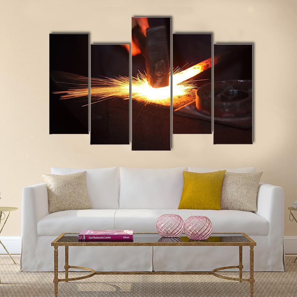 Hands Of Smith With Hammet And Steel Stick On Anvil Canvas Wall Art-5 Pop-Gallery Wrap-47" x 32"-Tiaracle