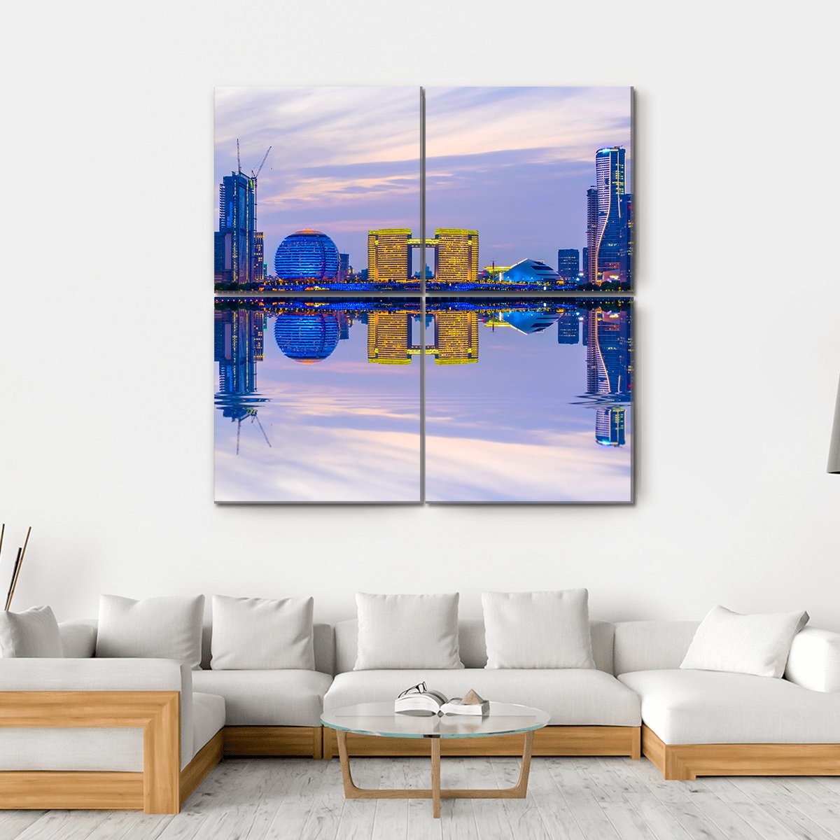 Hangzhou Skyline At Night Canvas Wall Art-4 Square-Gallery Wrap-17" x 17"-Tiaracle