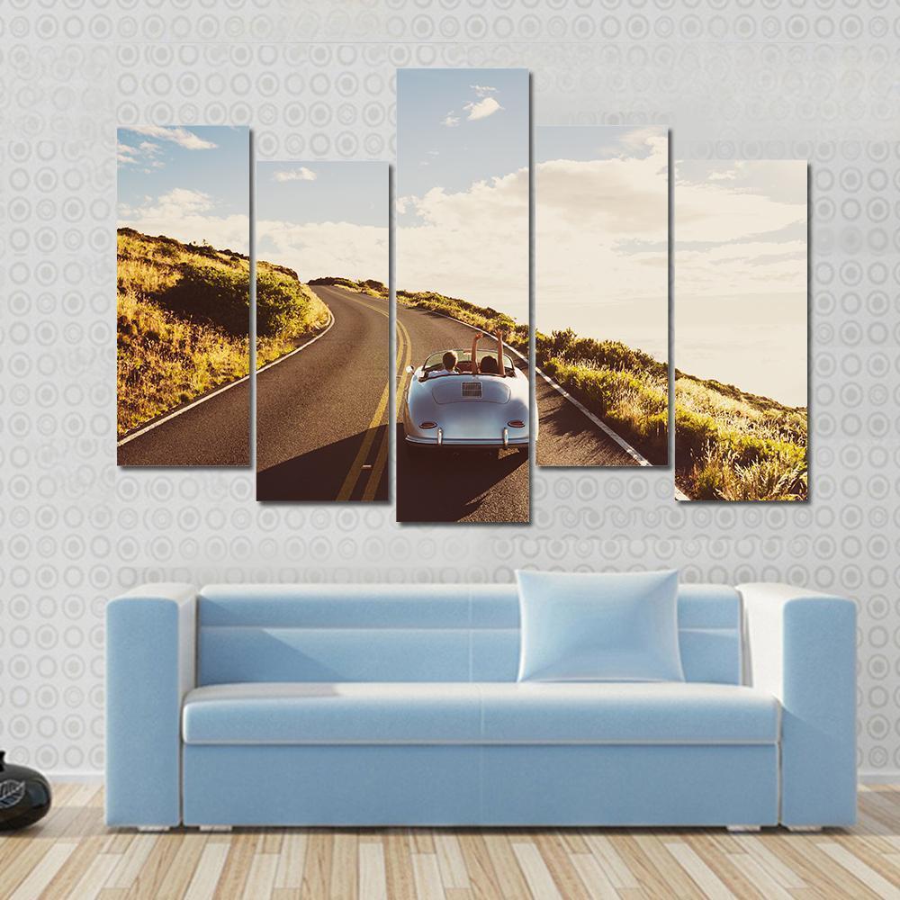 Happy Couple Driving Canvas Wall Art-5 Pop-Gallery Wrap-47" x 32"-Tiaracle