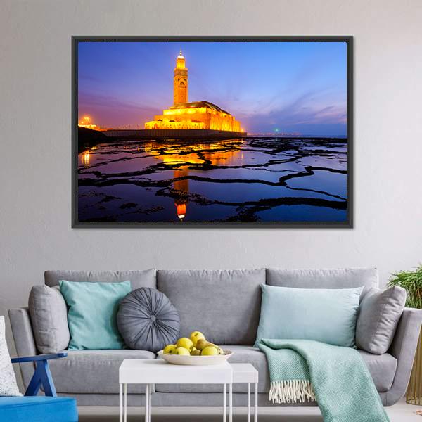 Hassan II Mosque At Night Canvas Wall Art-3 Horizontal-Gallery Wrap-25" x 16"-Tiaracle
