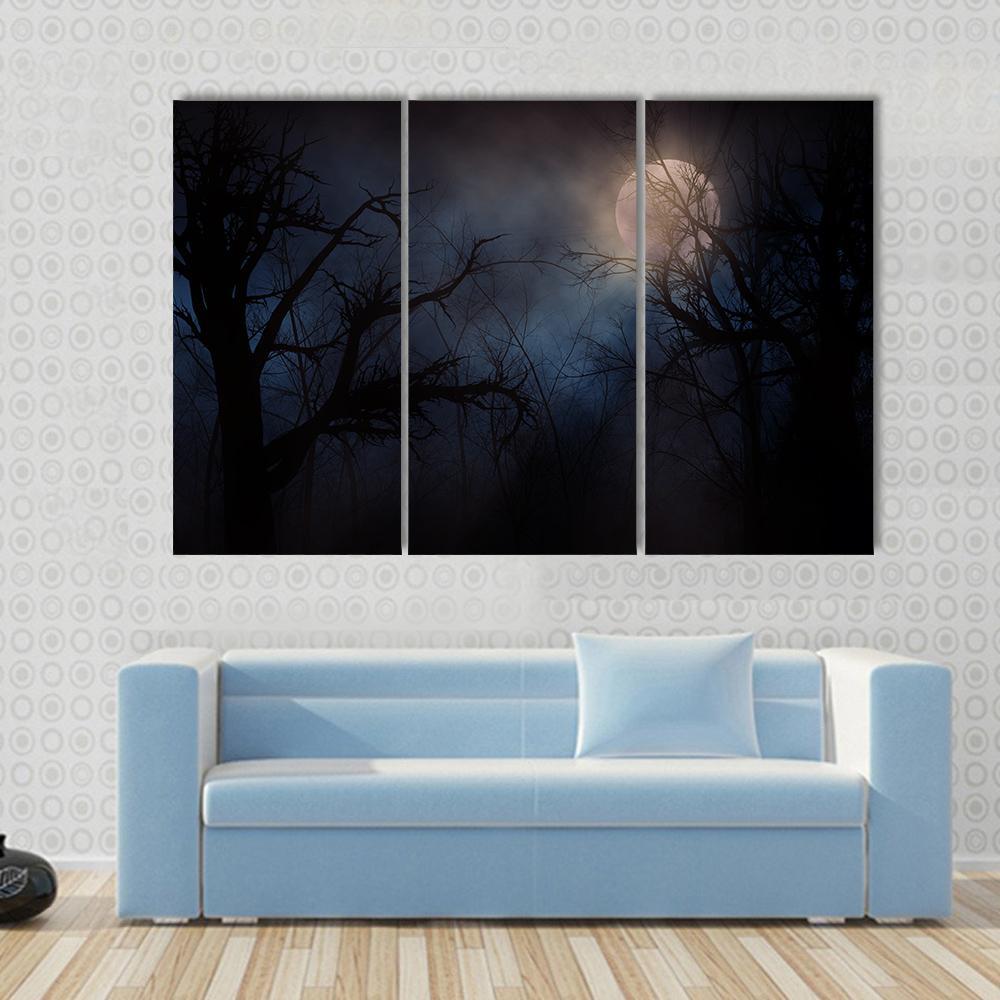 Haunted Trees Under Moon Canvas Wall Art-3 Horizontal-Gallery Wrap-37" x 24"-Tiaracle