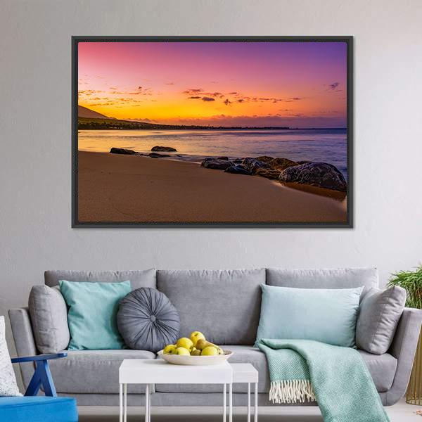 Hawaiian Sunset On Beach Canvas Wall Art-3 Horizontal-Gallery Wrap-25" x 16"-Tiaracle