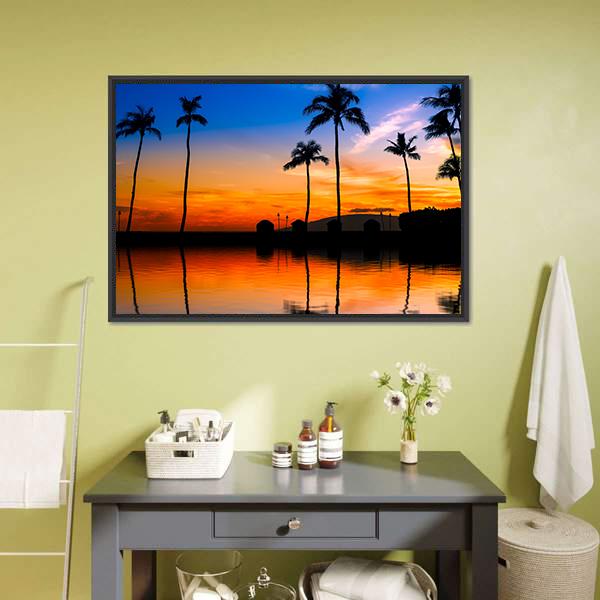 Hawaiian Sunset With Palm Trees Canvas Wall Art-1 Piece-Floating Frame-24" x 16"-Tiaracle