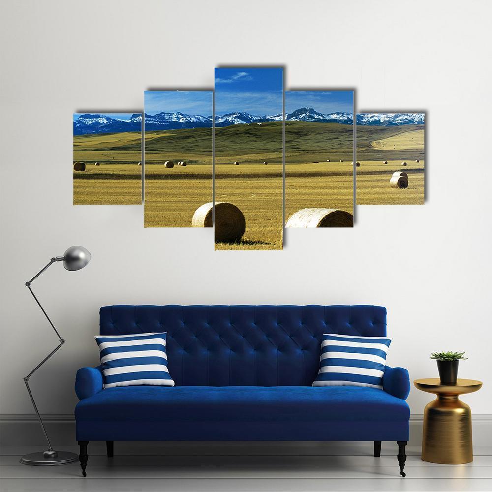 Hay Bales On A Field Canvas Wall Art-5 Star-Gallery Wrap-62" x 32"-Tiaracle