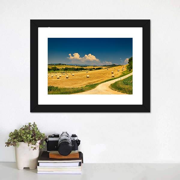 Hay Bales On Harvested Field Canvas Wall Art-1 Piece-Framed Print-20" x 16"-Tiaracle