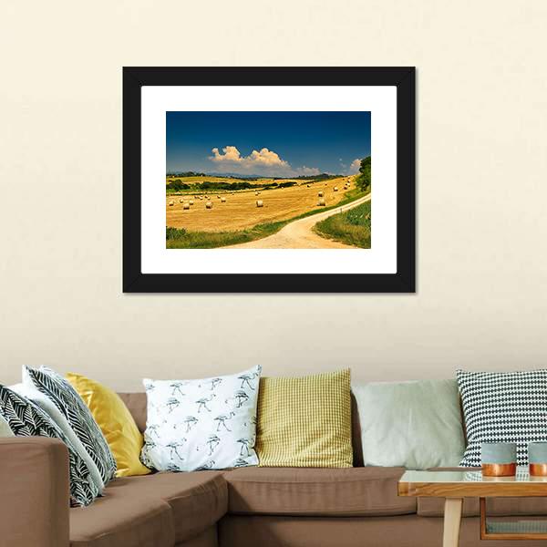 Hay Bales On Harvested Field Canvas Wall Art-3 Horizontal-Gallery Wrap-25" x 16"-Tiaracle