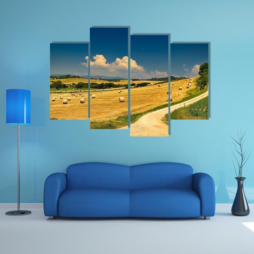 Hay Bales On Harvested Field Canvas Wall Art-4 Pop-Gallery Wrap-50" x 32"-Tiaracle