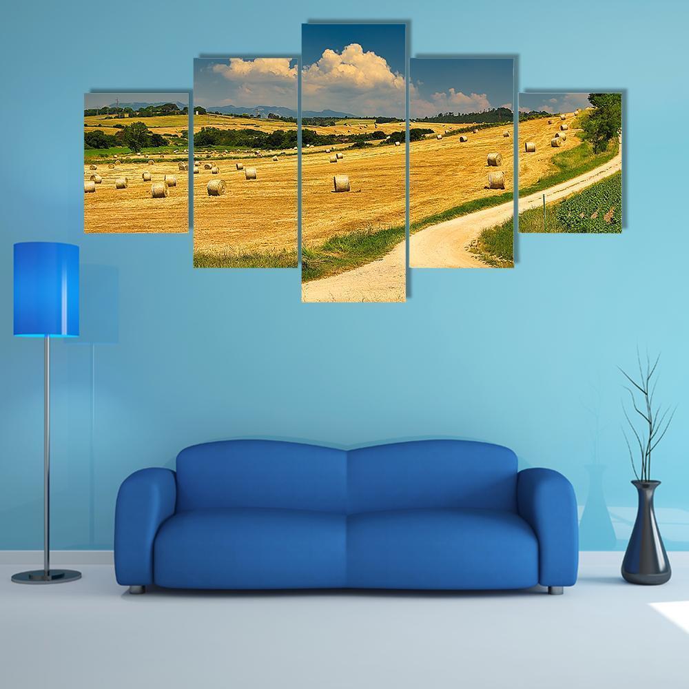 Hay Bales On Harvested Field Canvas Wall Art-5 Star-Gallery Wrap-62" x 32"-Tiaracle