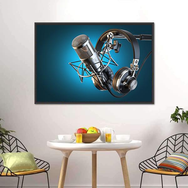 Headphones On Microphone Stand Canvas Wall Art-3 Horizontal-Gallery Wrap-25" x 16"-Tiaracle