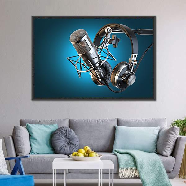 Headphones On Microphone Stand Canvas Wall Art-3 Horizontal-Gallery Wrap-25" x 16"-Tiaracle