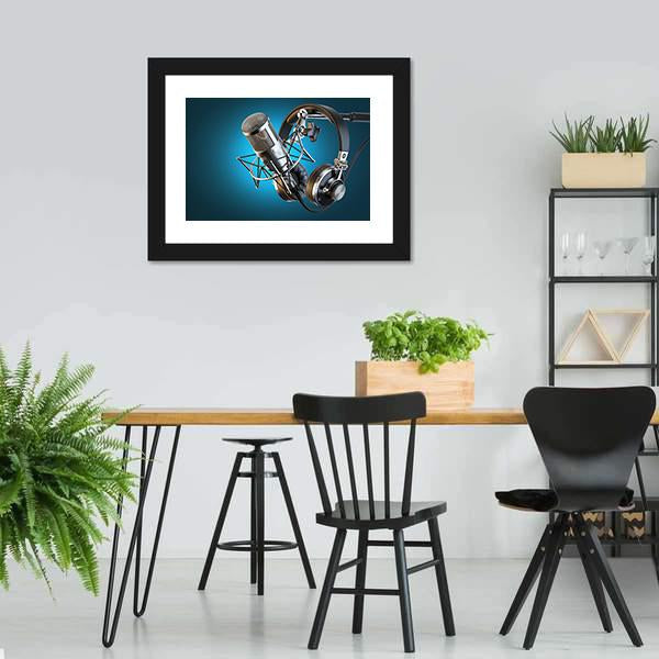Headphones On Microphone Stand Canvas Wall Art-3 Horizontal-Gallery Wrap-25" x 16"-Tiaracle
