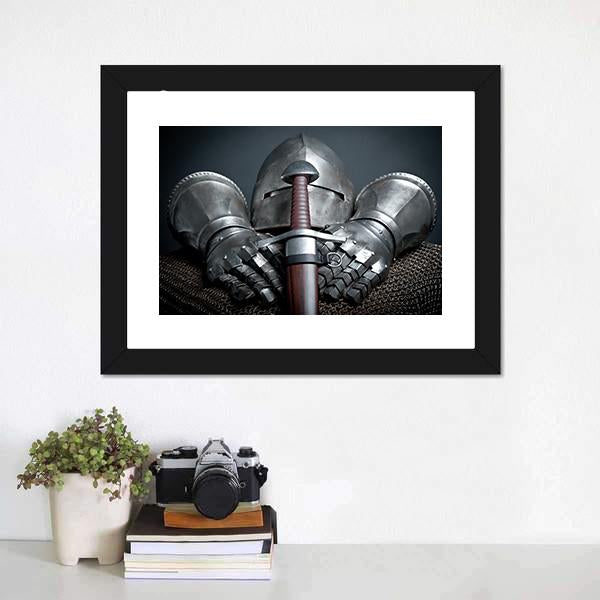 Helmet Gloves & Sword Canvas Wall Art-1 Piece-Framed Print-20" x 16"-Tiaracle