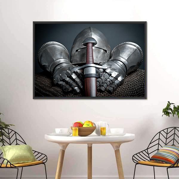 Helmet Gloves & Sword Canvas Wall Art-1 Piece-Floating Frame-24" x 16"-Tiaracle