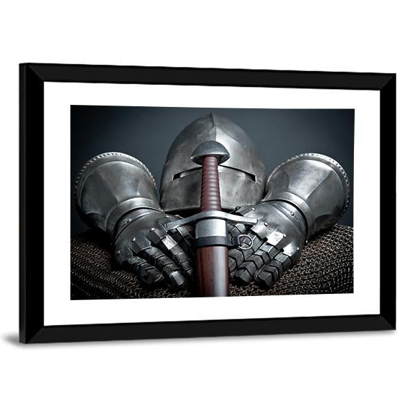 Helmet Gloves & Sword Canvas Wall Art-3 Horizontal-Gallery Wrap-25" x 16"-Tiaracle