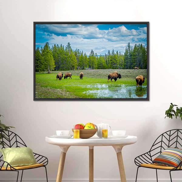 Herd Of Bison Canvas Wall Art-5 Horizontal-Gallery Wrap-22" x 12"-Tiaracle