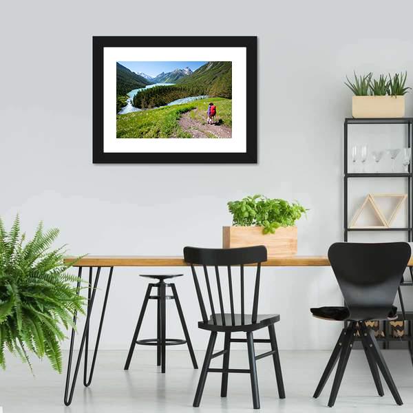 Hiker In Altai Mountains Panoramic Canvas Wall Art-1 Piece-36" x 12"-Tiaracle