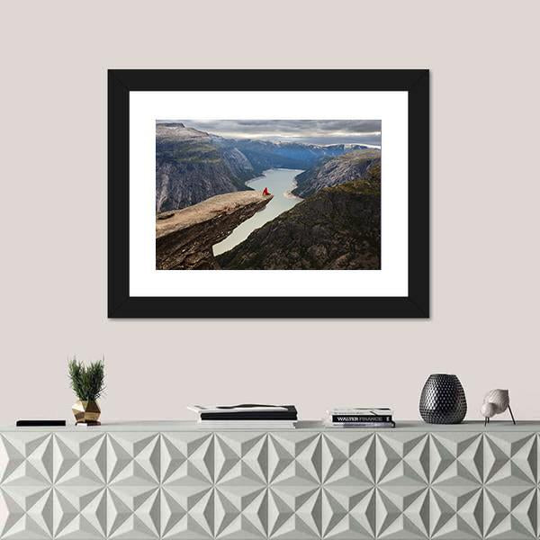 Hiker Sitting On Trolltunga Canvas Wall Art-3 Horizontal-Gallery Wrap-25" x 16"-Tiaracle