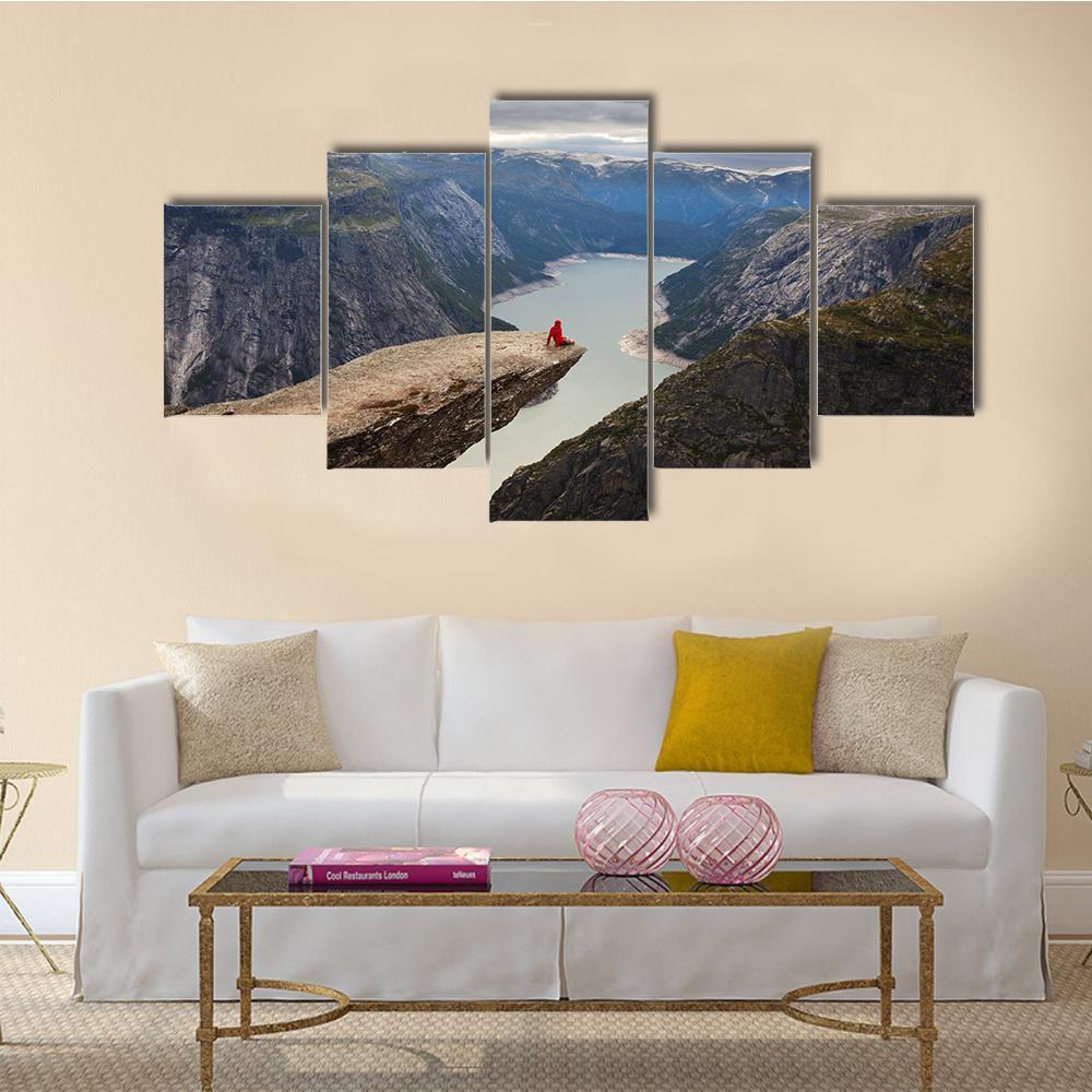 Hiker Sitting On Trolltunga Canvas Wall Art-5 Star-Gallery Wrap-62" x 32"-Tiaracle