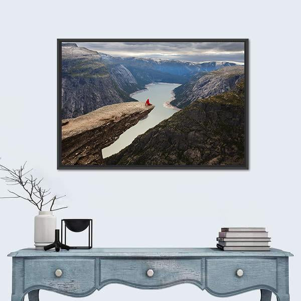 Hiker Sitting On Trolltunga Panoramic Canvas Wall Art-1 Piece-36" x 12"-Tiaracle