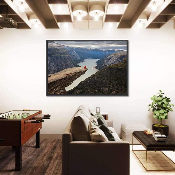 Hiker Sitting On Trolltunga Panoramic Canvas Wall Art-1 Piece-36" x 12"-Tiaracle