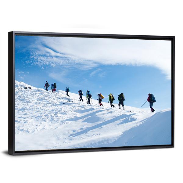 Hikers In Winter Mountain Canvas Wall Art-5 Horizontal-Gallery Wrap-22" x 12"-Tiaracle