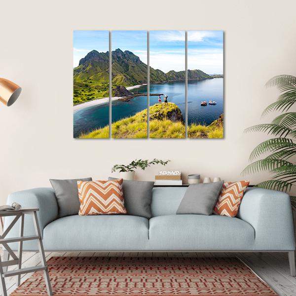 Hikers On Cliff Mountain Canvas Wall Art-4 Horizontal-Gallery Wrap-34" x 24"-Tiaracle