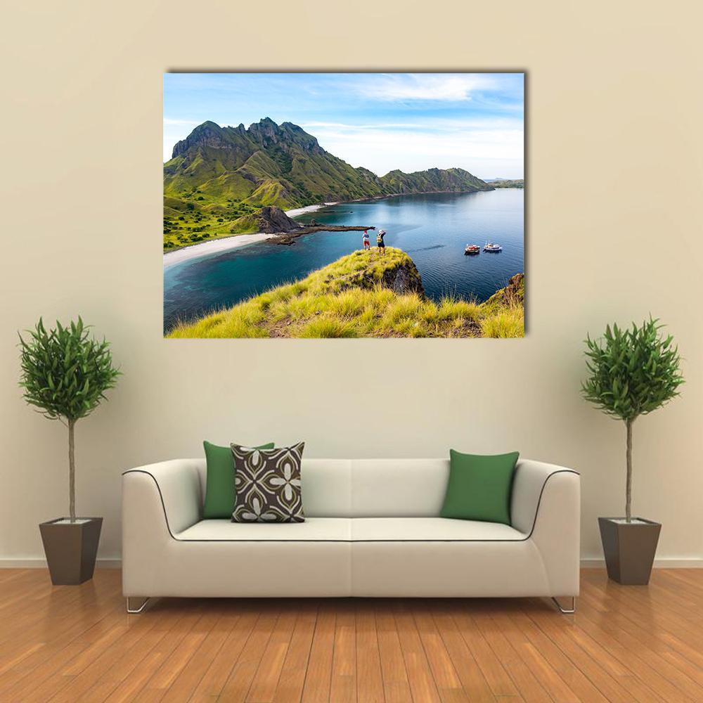 Hikers On Cliff Mountain Canvas Wall Art-1 Piece-Gallery Wrap-48" x 32"-Tiaracle