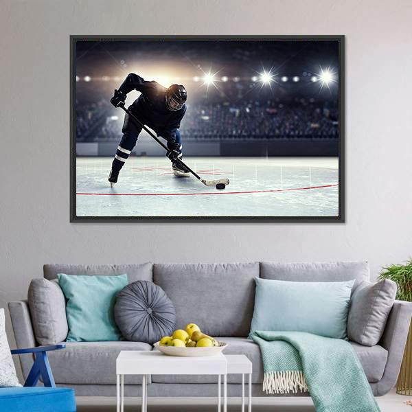 Hockey Player in Blue Uniform On Ice Rink Canvas Wall Art-3 Horizontal-Gallery Wrap-25" x 16"-Tiaracle
