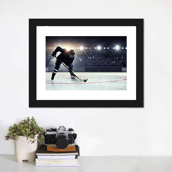 Hockey Player in Blue Uniform On Ice Rink Canvas Wall Art-1 Piece-Framed Print-20" x 16"-Tiaracle