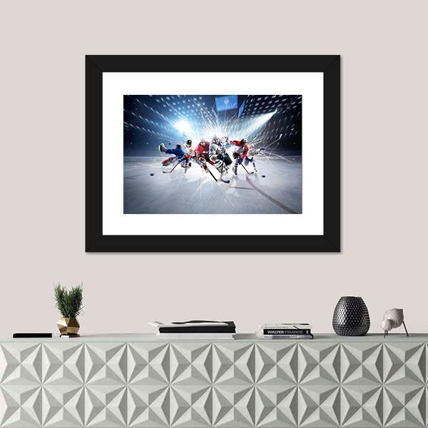 Hockey Players In Action Canvas Wall Art-1 Piece-Framed Print-20" x 16"-Tiaracle