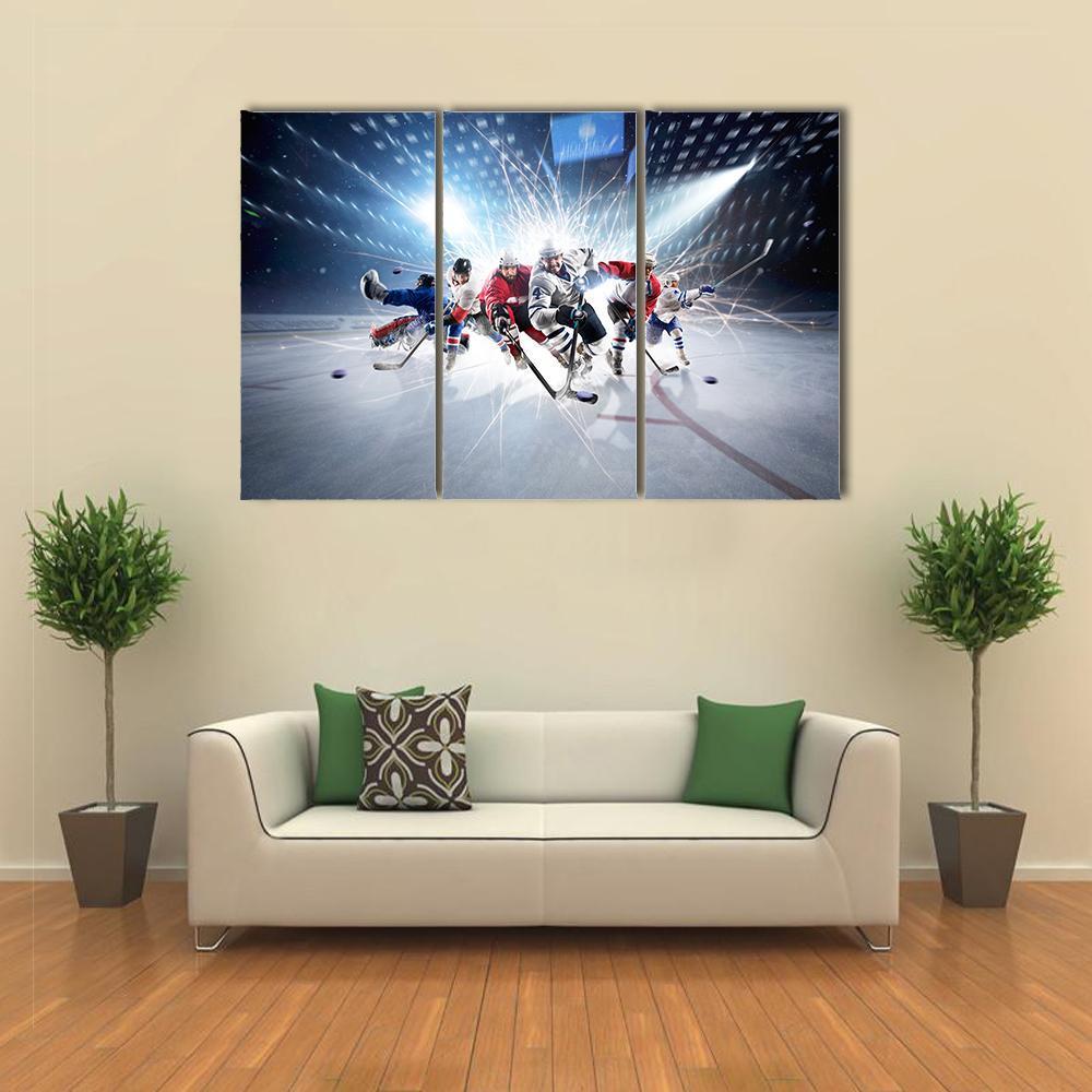 Hockey Players In Action Canvas Wall Art-3 Horizontal-Gallery Wrap-37" x 24"-Tiaracle