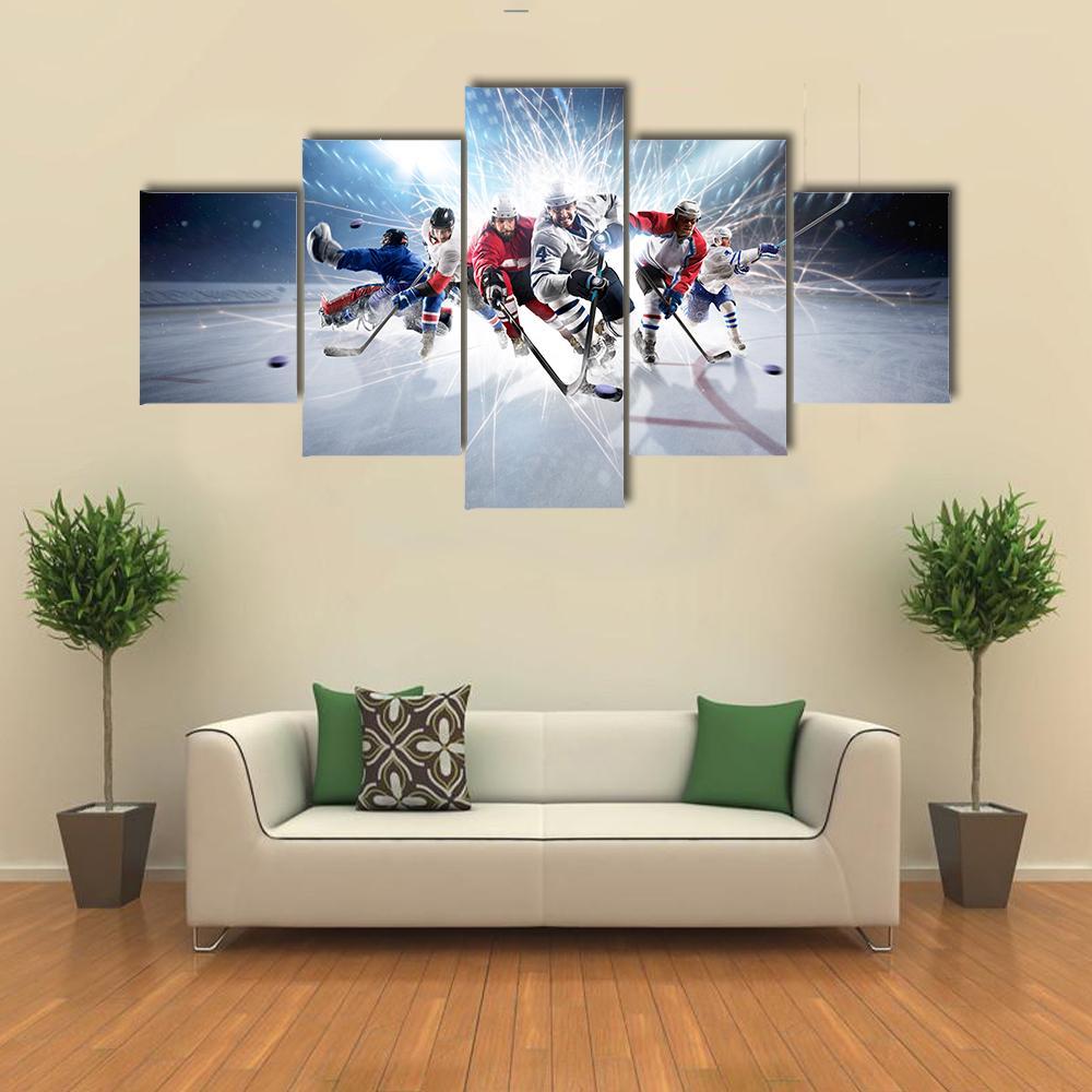 Hockey Players In Action Canvas Wall Art-5 Star-Gallery Wrap-62" x 32"-Tiaracle