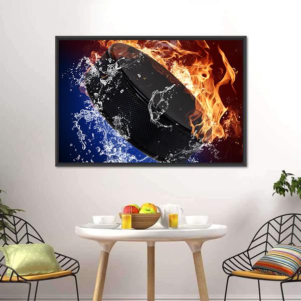 Hockey Puck In Fire Flames Canvas Wall Art-3 Horizontal-Gallery Wrap-25" x 16"-Tiaracle