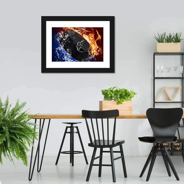 Hockey Puck In Fire Flames Canvas Wall Art-3 Horizontal-Gallery Wrap-25" x 16"-Tiaracle
