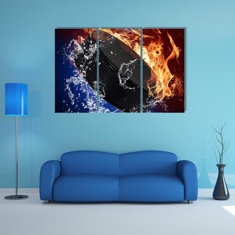 Hockey Puck In Fire Flames Canvas Wall Art-3 Horizontal-Gallery Wrap-37" x 24"-Tiaracle