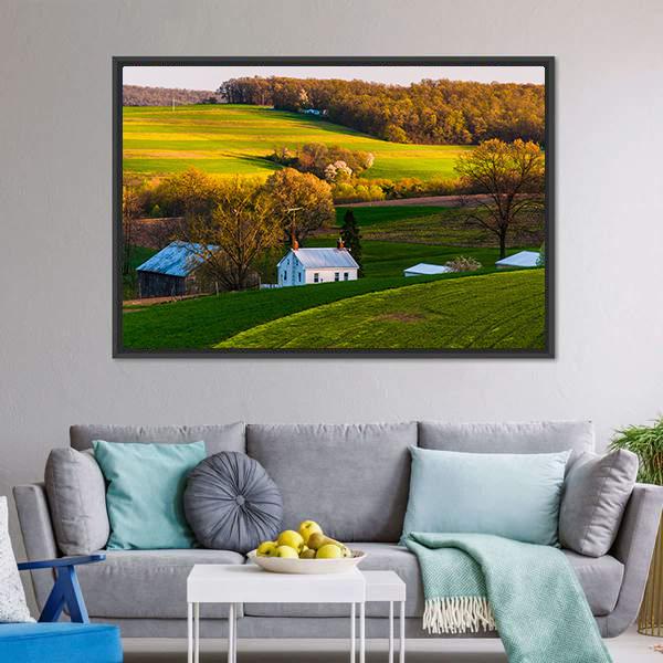 Home & Barn On Farm Fields Canvas Wall Art-5 Horizontal-Gallery Wrap-22" x 12"-Tiaracle