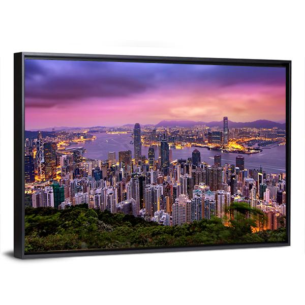 Hong Kong City At Night Canvas Wall Art-3 Horizontal-Gallery Wrap-25" x 16"-Tiaracle
